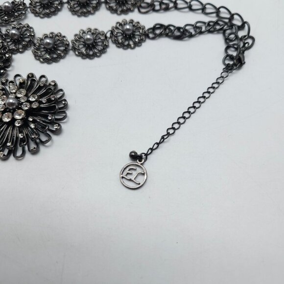 Erica Lyons Black Floral Statement Necklace With Faux Pearls Rhinestones - Picture 6 of 7